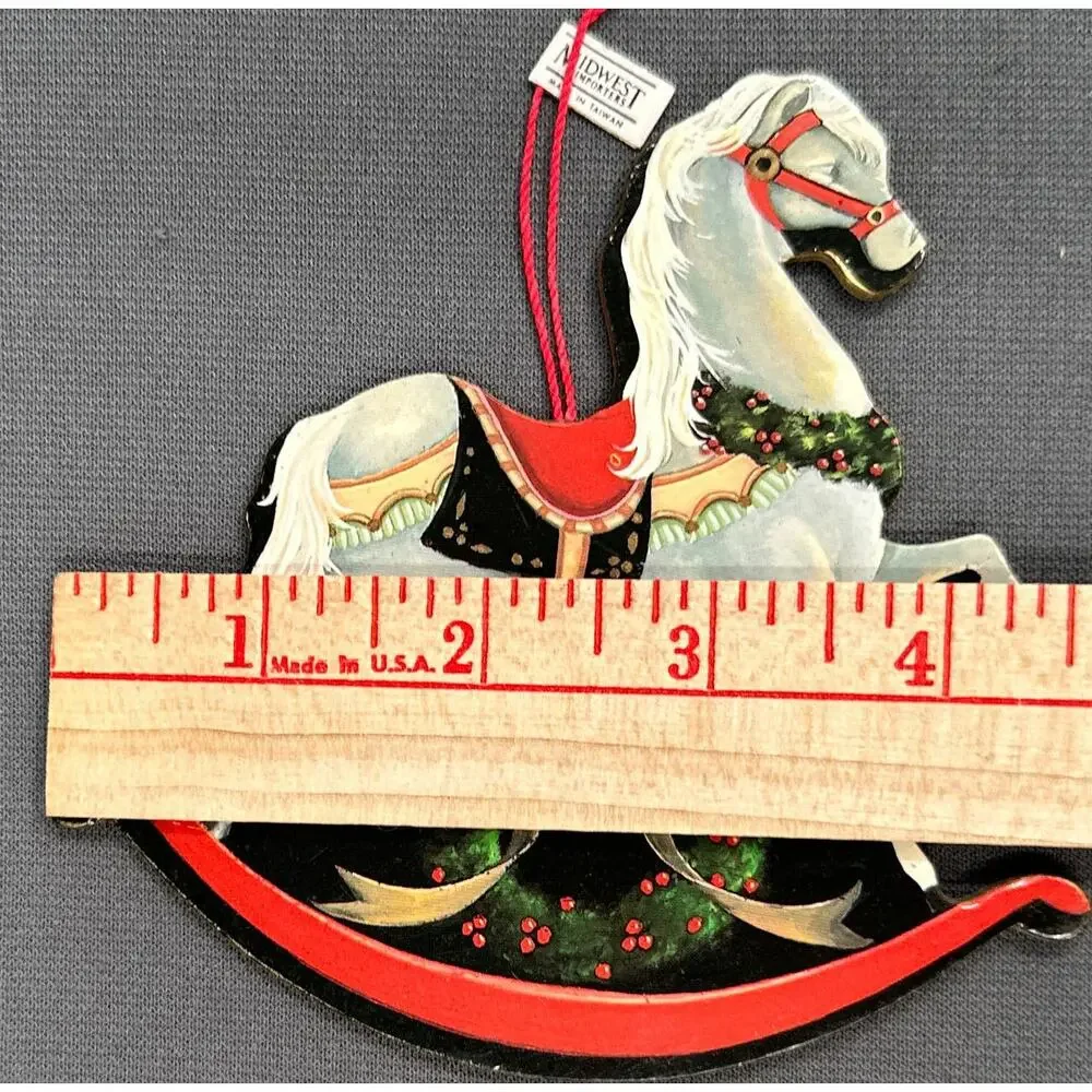 6 pc VTG Rocking Horse Cardboard Die Cut Christmas Tree Ornaments Midwest Import